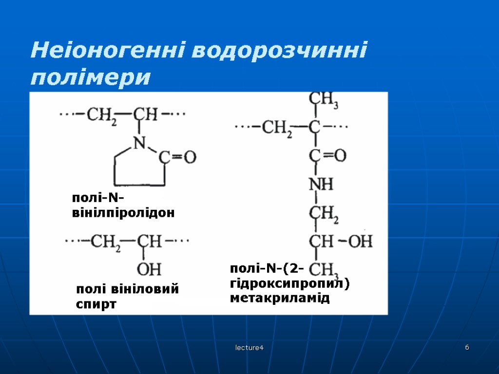 lecture4 6 Неіоногенні водорозчинні полімери полі-N-вінілпіролідон полі вініловий спирт полі-N-(2-гідроксипропил) метакриламід
